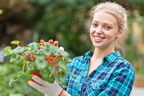 Gardener inspecting a residential garden boundary