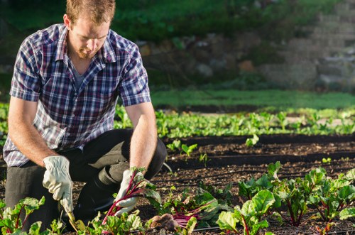 Team of gardeners preparing tools on a work van